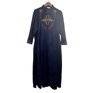 Vintage Vanity Fair Embroidered Maxi Lounge Robe 70s Dress Womens Large Blue USA